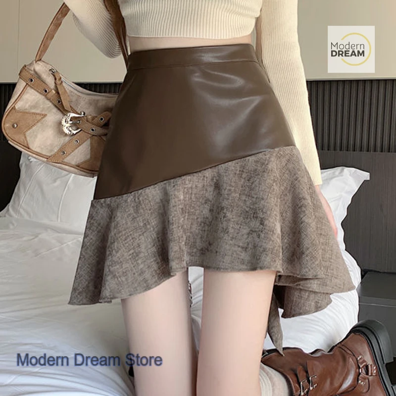 Korean spice girls' irregular design of leather skirt women's autumn and winter new high waist fashion temperament slim skirt