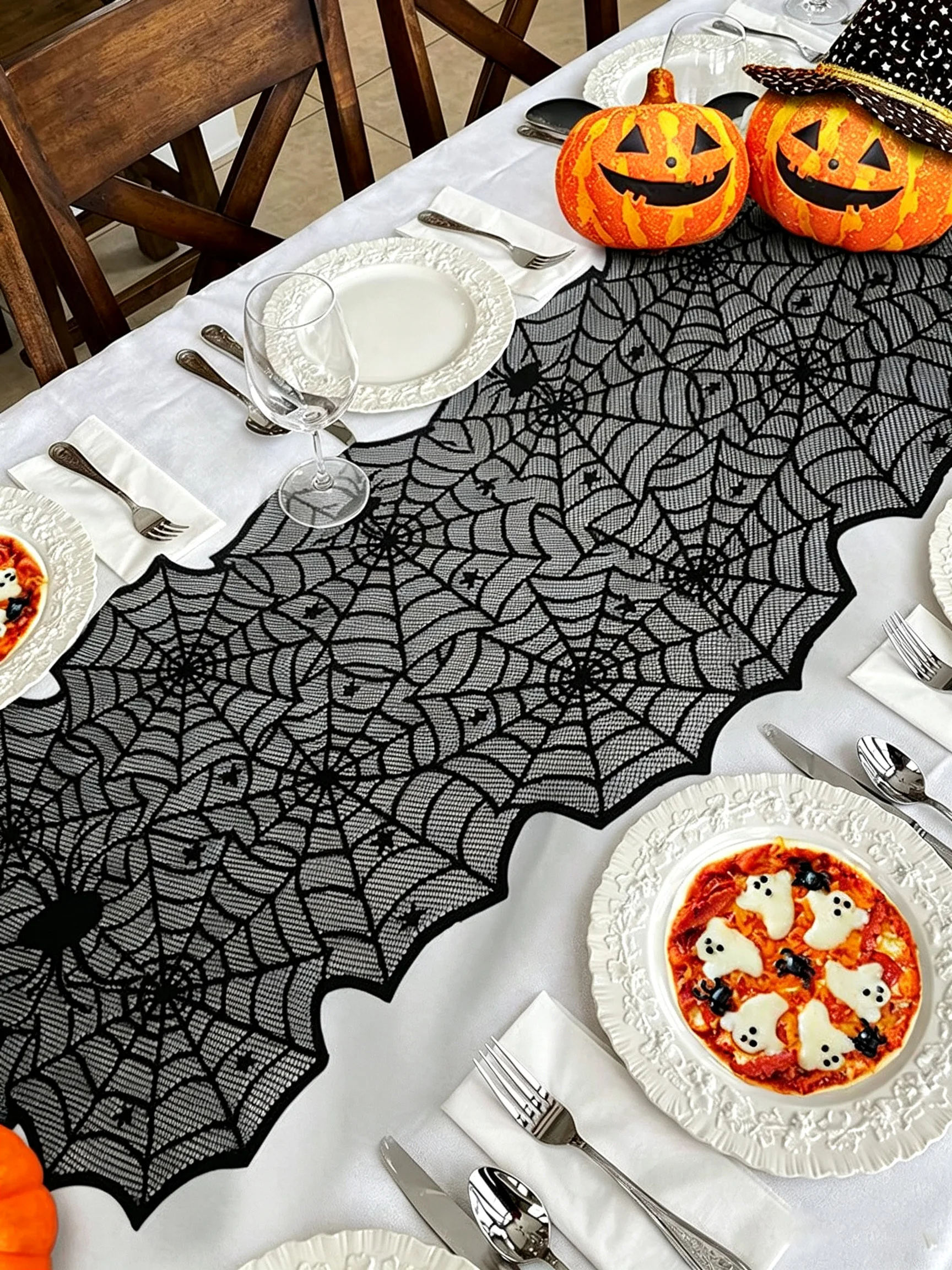 Halloween Silk Spider Table Flag Set 1/2/6/12/14 Pieces Terror Scene Decoration Photography Props Black Lace Spider Web Design