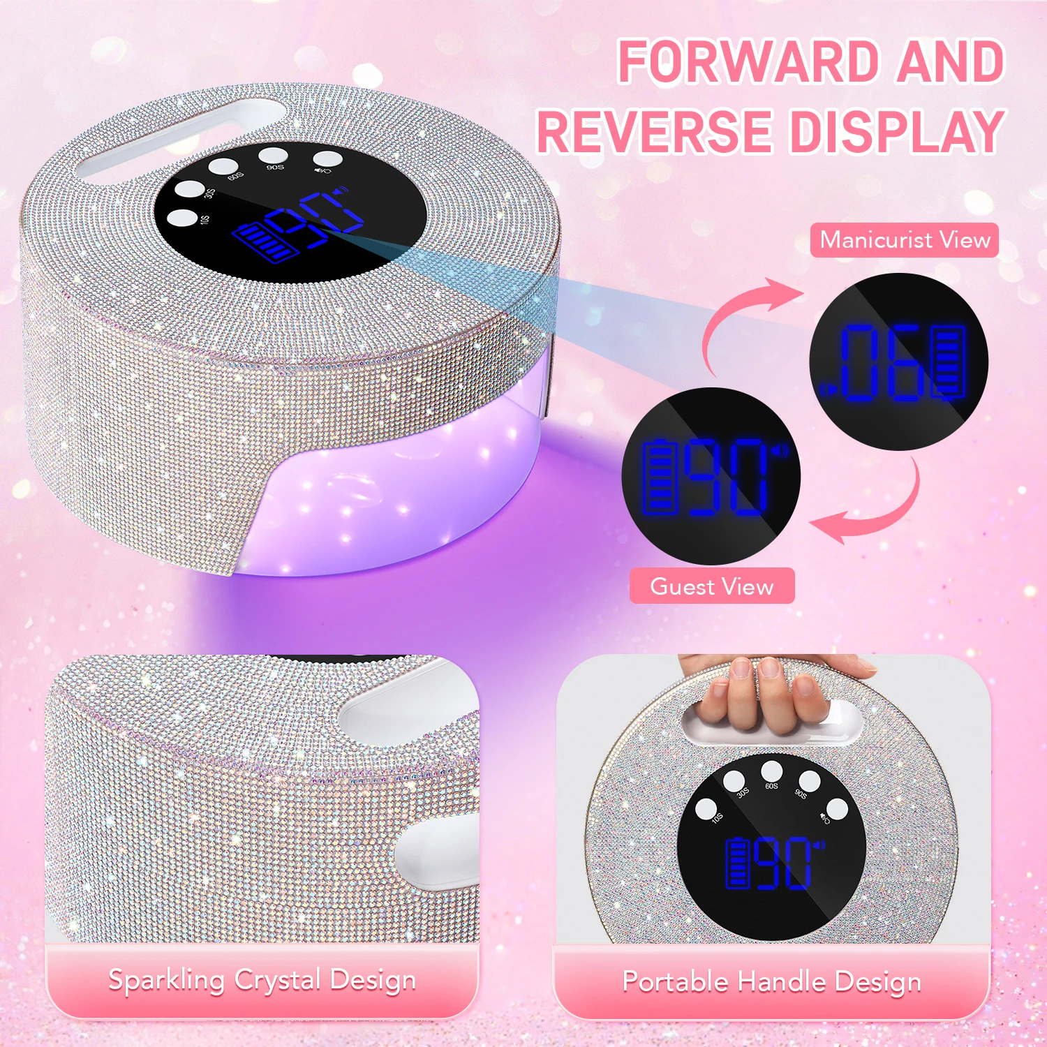 Sparkling Crystal UV Nail Lamp - Rechargeable, Portable with Handle, 4 Timer Settings, Infrared Sensor & Large LCD Screen