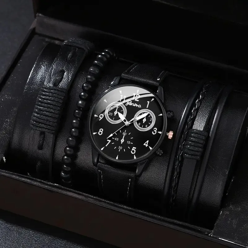 

4/5PCS Fashion Men Business Watches Casual Quartz Watch Leather Strap Male Wristwatches Bracelets Set（Without Box）
