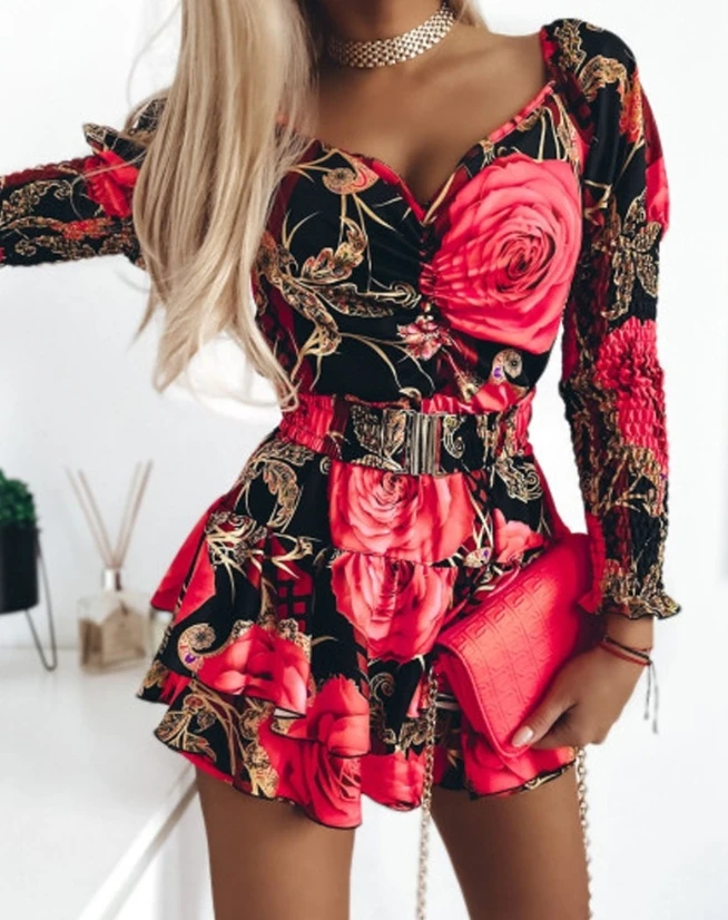 

Dress for Women 2024 Spring New Sexy Baby Mini Gigot Sleeve Dress Fashion Floral Print Shirred V-Neck A-Line Layered Dress