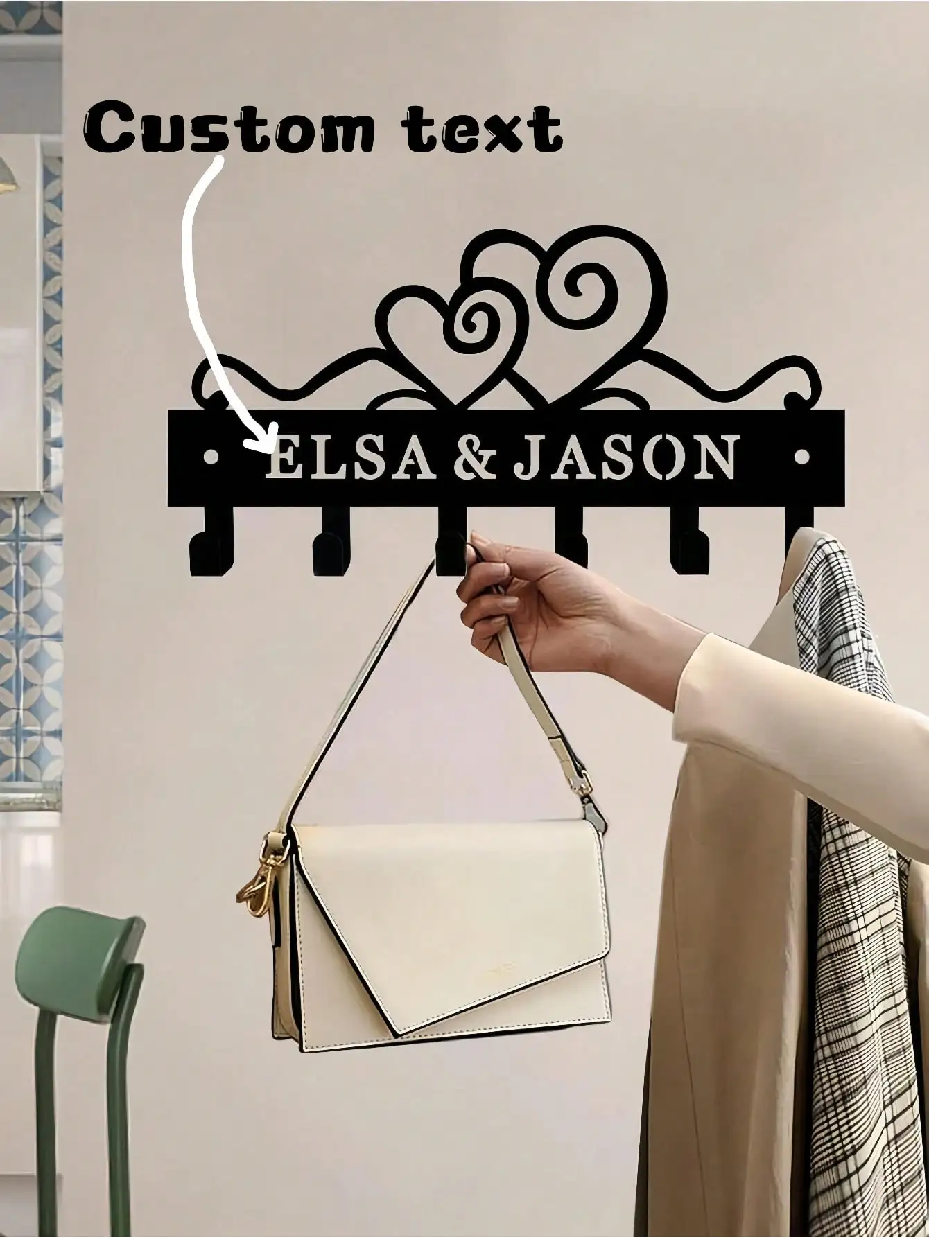 

Personalized Wall Mounted Key Holder Heart Metal Hook Custom Name Entryway Organizer Hat Rack