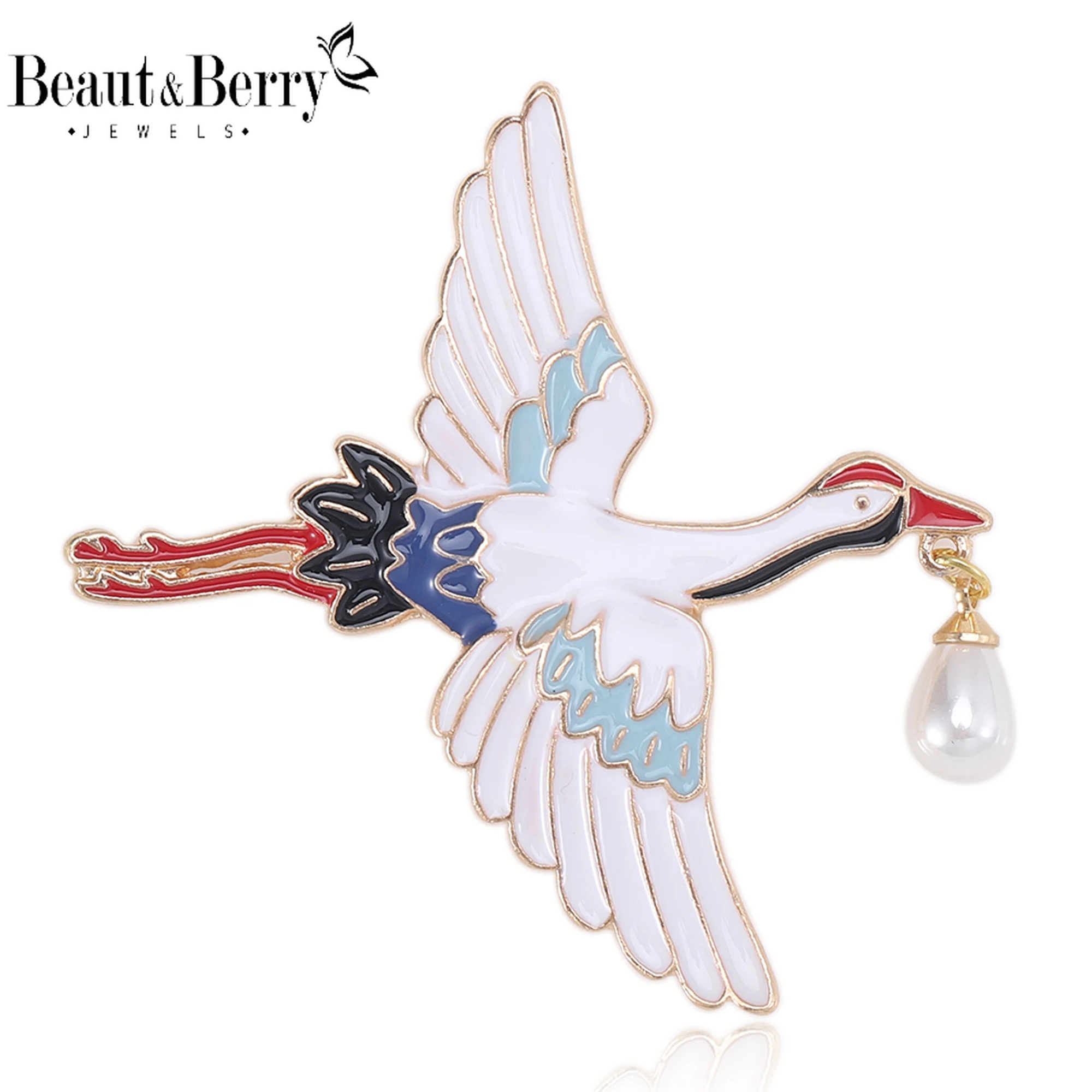 Beaut&Berry Luxury Enamel Crane Brooches for Women Unisex Pearl Animal Pins Necklace Casual Party Accessories New Gifts Friends