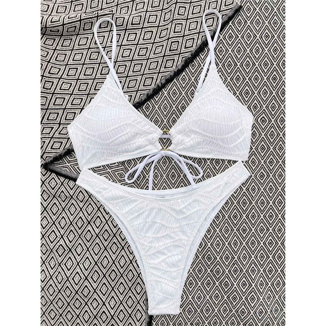 Bikini mit Faltenmuster-Metallring, mittelhoher Bund, Damen-Badeanzug, zweiteiliges Bikini-Set, gepolsterter Badeanzug, Badebekleidung, Modell V4567. – Detail 25