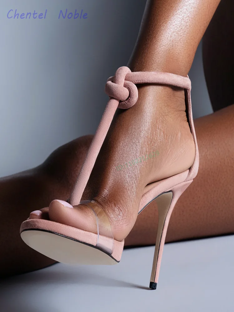 Pink Suede Top Clear PVC Toe Strap Sandals Round Toe Back Zipper Thin High Heels T-stage Shape Summer Women Shoes 2024 New