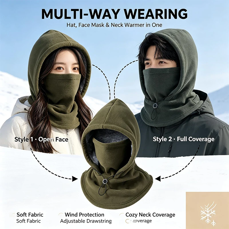 Fleece Double‑layer Integrated Hat Autumn Winter Warm Hat Thick Velvet Windproof Cold Proof Riding Mask Ear Neck Protection Hat