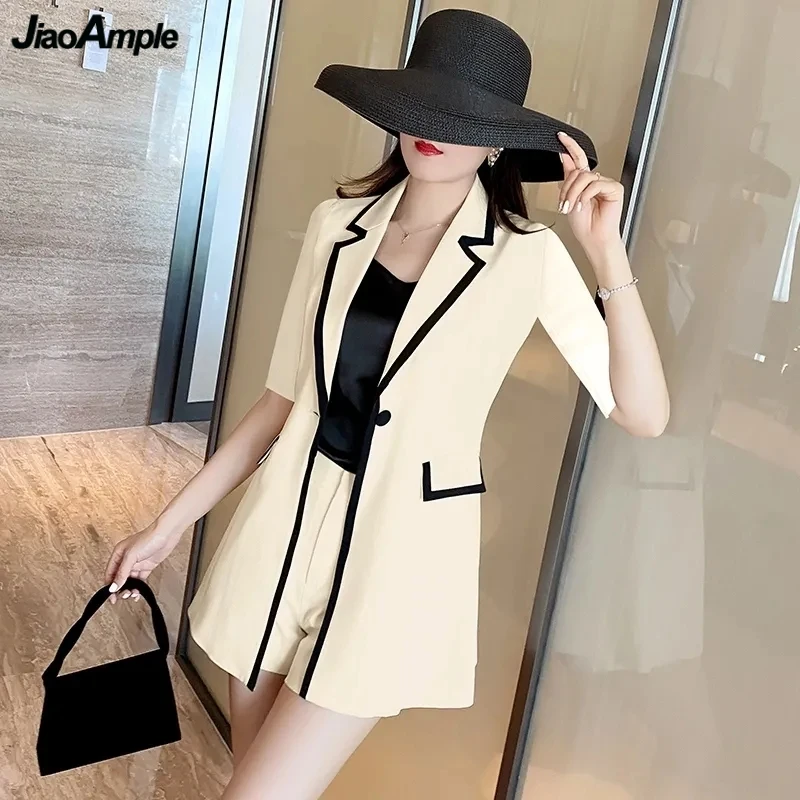 

Women Summer Graceful White Clothing Mathing Sets Korean Office Lady Slim Blazers Shorts Outfits Short Sleeve Jackets Pants Suit