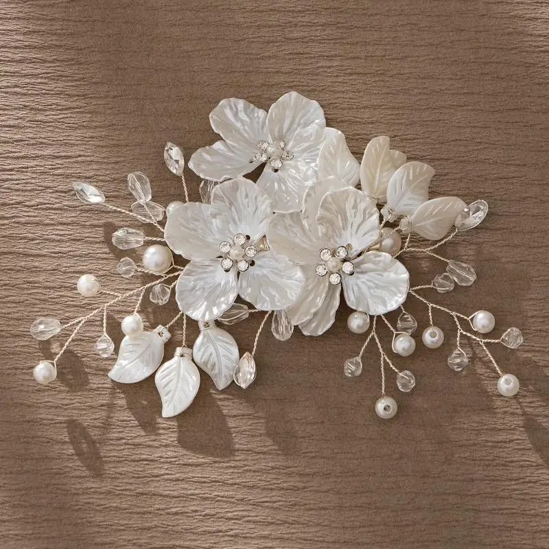 1 Stück Handgefertigter Weißer Braut-Kopfschmuck Neuer Kristall-Perlen-Blumen-Brautkopfschmuck Elegante Luxuriöse Hochzeits-Haarnadel für Frauen – Detail 4