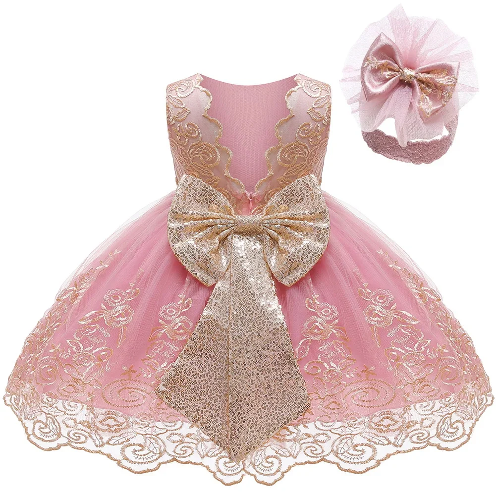 

Toddler Girls Lace Bow Dress Backless Princess Dress+Headband Elegant Baby 1st Birthday Party Baptism Infant Wedding Prom Gown