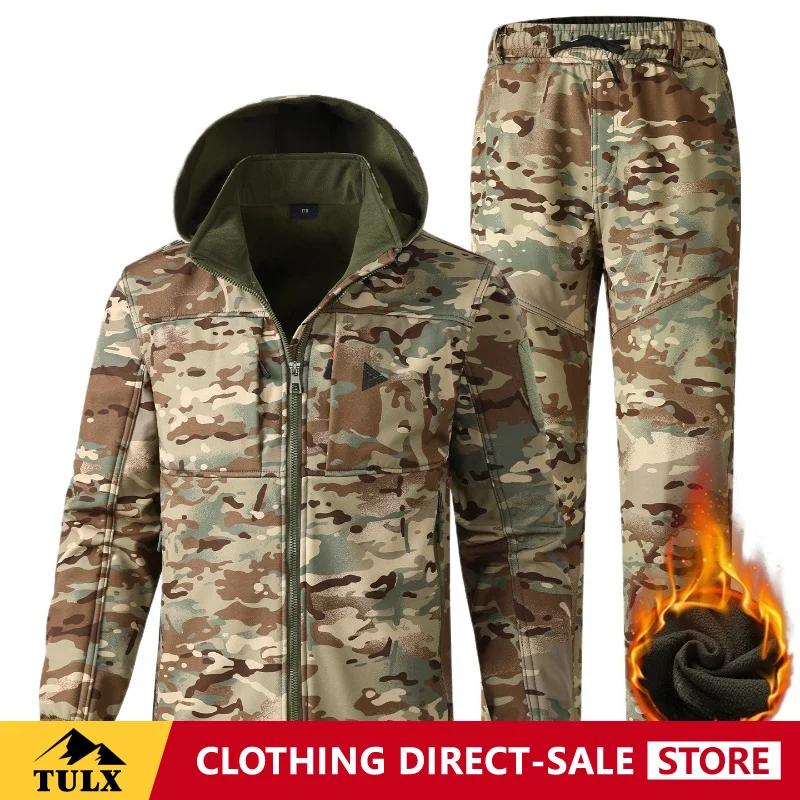 Men Camouflage Fleece Thermal Jacket Workwear Wear-resistant Scratch-resistant Clothing Comfortable Slight Stretch Softshell Set