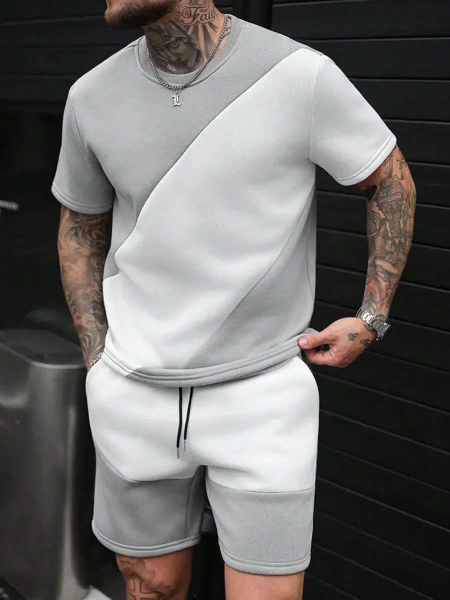 

Mens Diagonal Color Block T-Shirt And Shorts 2 Piece Set Casual Streetwear