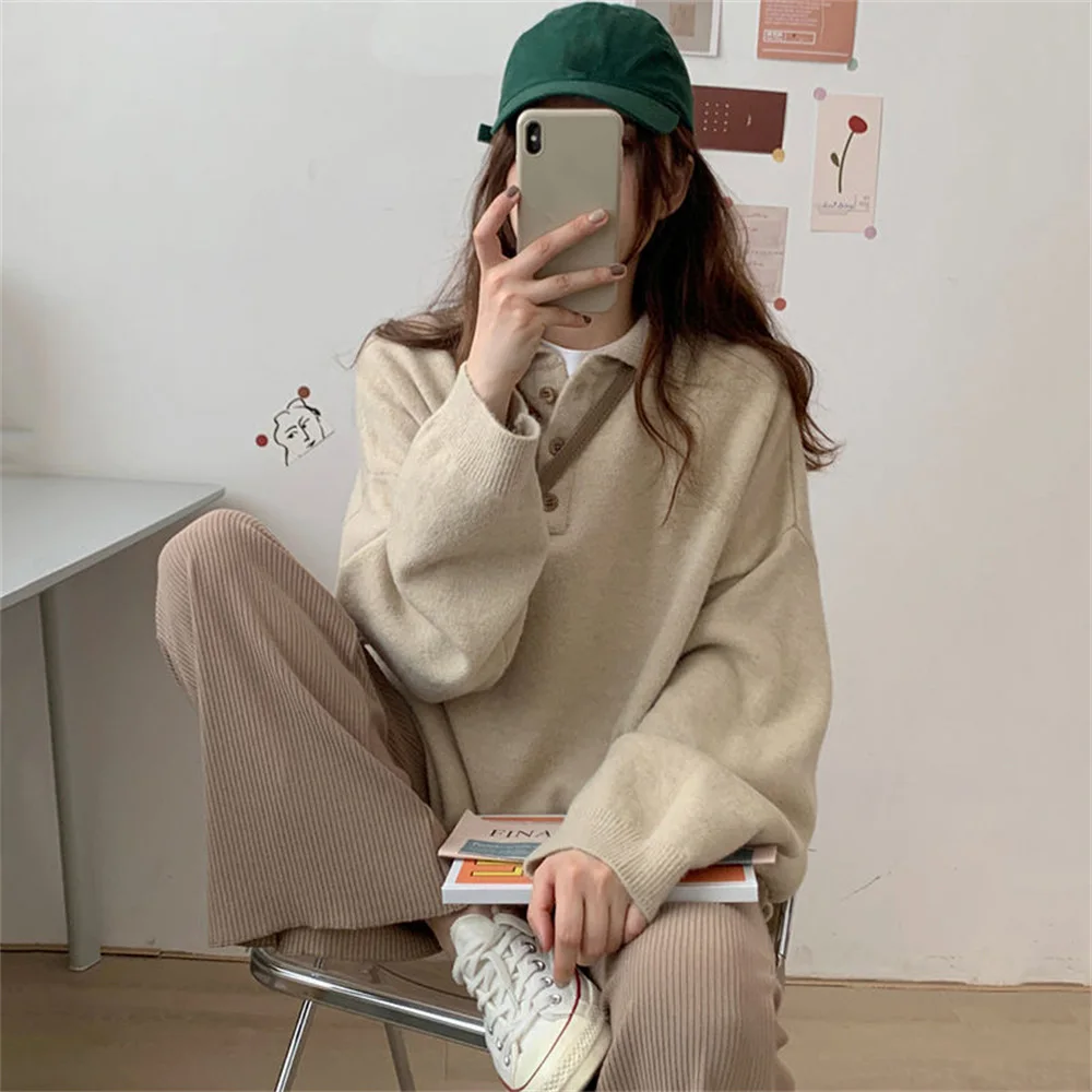 

Autumn Winter New Casual Loose Pullovers Woman Streetwear Solid Color Female Turn Down Collar Knitted Sweater Fashion Women Tops