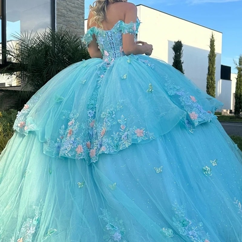 Water Blue Shiny Quinceanera Dress Ball Gown Off The Shoulder 3D Floral Lace Applique Beaded Corset Sweet 16 Vestido De 15 Anos