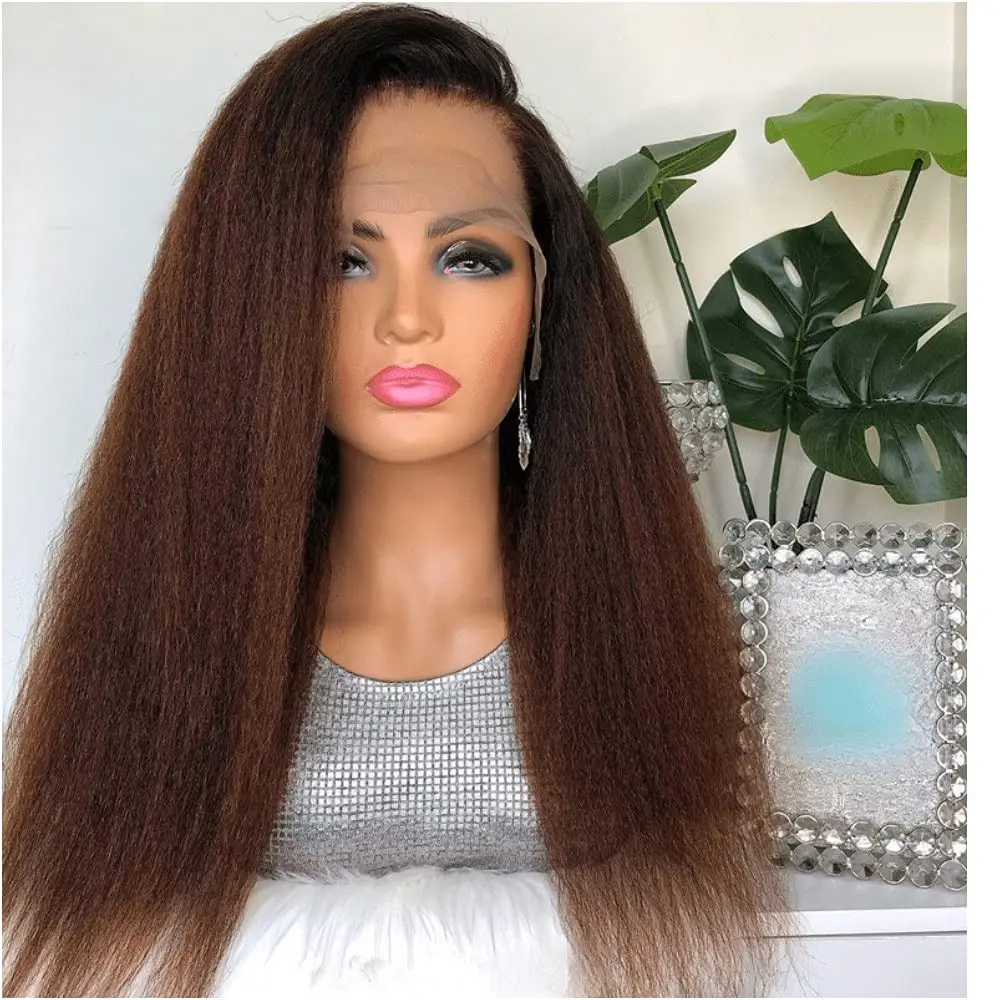 Yaki Natural Brown Blonde Glueless Long Kinky Straight Lace Front Wig For Women With Baby Hair Synthetic Preplucked Daily Wig