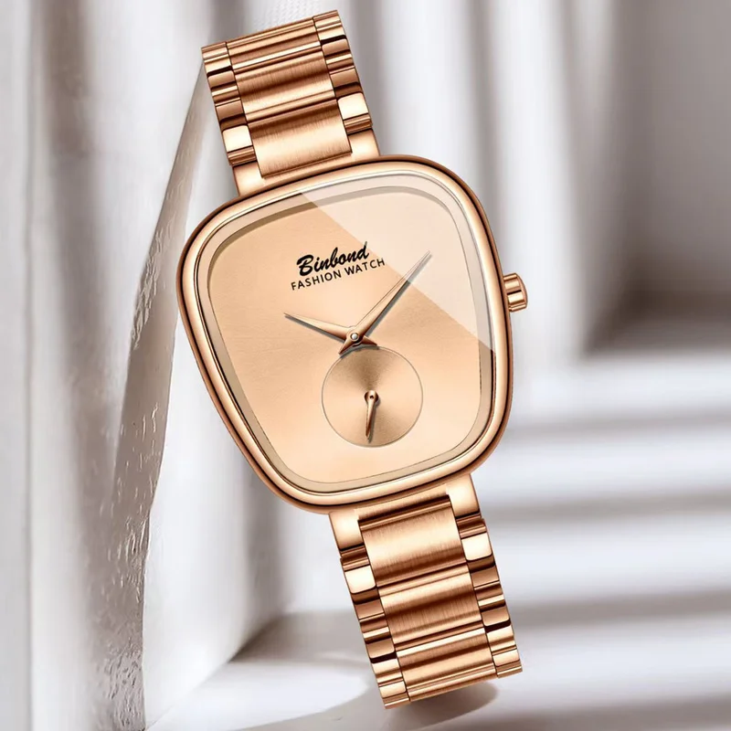 ساعة كوارتز نسائية مكونة من قطعة واحدة من الذهب الوردي ونمط مزيف ومؤشر على شكل نقطة مضلعة