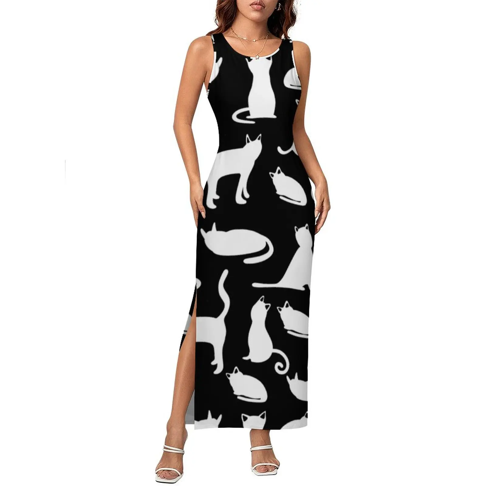 

Black White Cat Dress Sleeveless Kitten Family Playful Cats Elegant Maxi Dresses Summer Street Fashion Graphic Bodycon Dress