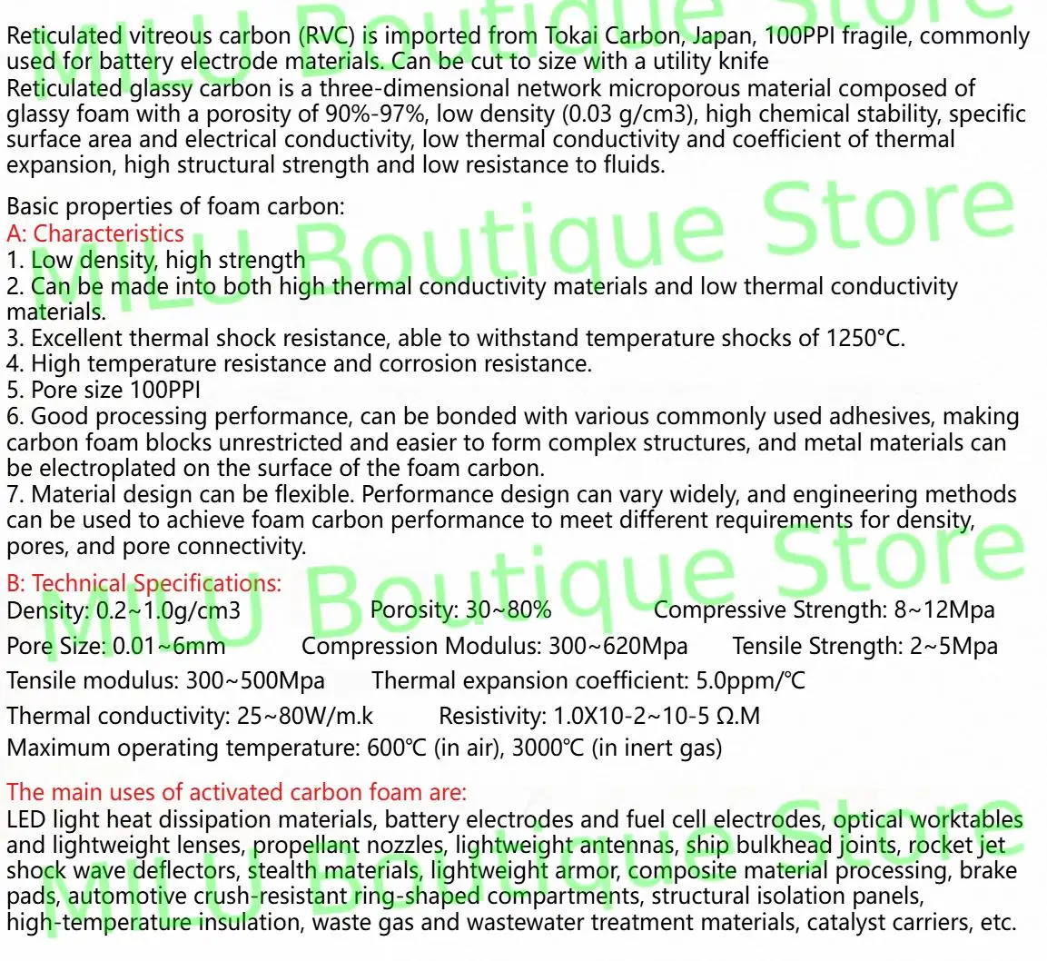 اليابان المستوردة شبكة الزجاج الكربون RVC القطب 100ppi رغوة الكربون مختبر ارتفاع درجة الحرارة المقاومة للتآكل #6