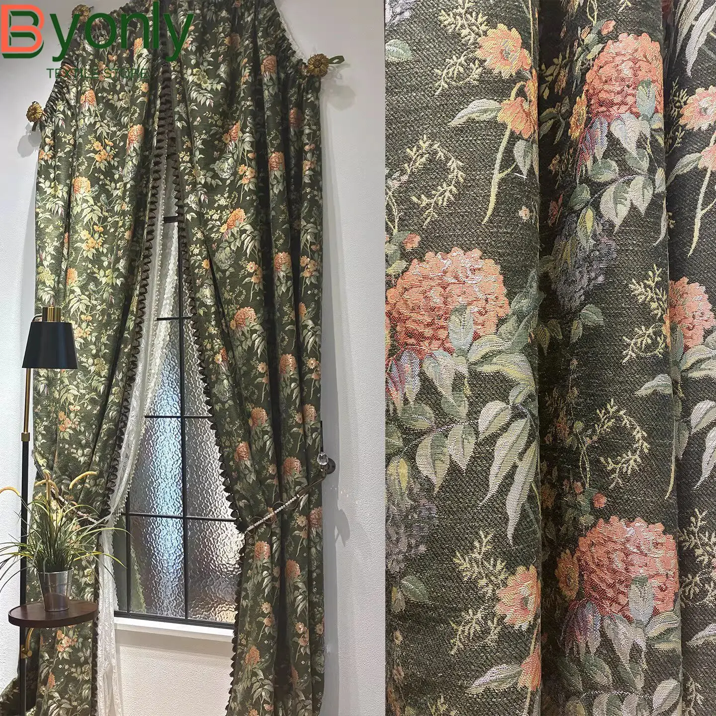 

American Dark Green Printed Thick Chenille Curtains for Living Room Bedroom Partition Curtains Customized Finished Products