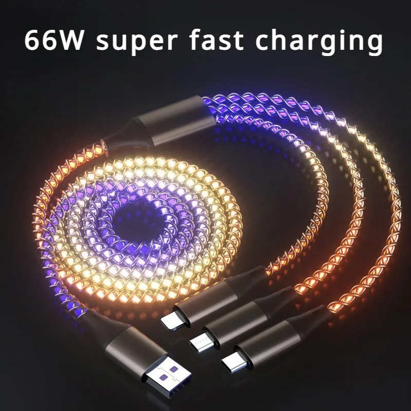 RGB Symphony One to Three Data Cable Gradient Luminous 66w Super Fast Charging Breathing Lamp Mobile Phone Charging usb c Cable