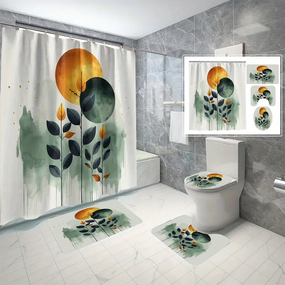 

Набор водонепроницаемых полиэстеровых занавесок для душа из 4 предметов, пейзажная тема, с крючками, можно стирать в машине, всесезонные шторы для ванной комнаты