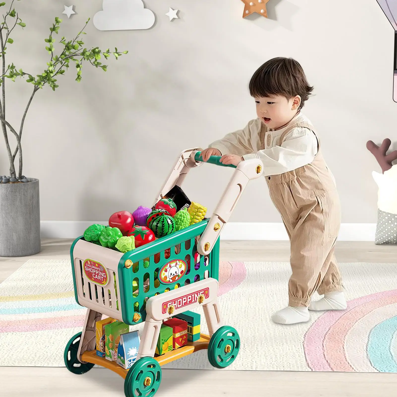 Carrinho de compras para crianças, brinquedo, carrinho de compras, acessórios de cozinha, brinquedos de cozinha, comida falsa para crianças pequenas, aprendizagem pré-escolar