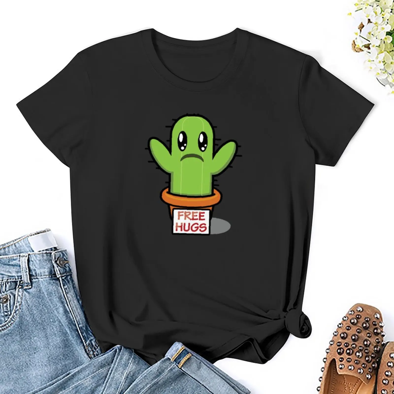 Free hugs sad cactus T-Shirt anime clothes Blouse plain t shirts for Women