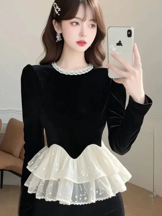 엘레 블라 벨벳 탑 여성용 슬림핏 베이스 레이어 봄 가을 럭셔리 감성 레트로 프랑스 스타일