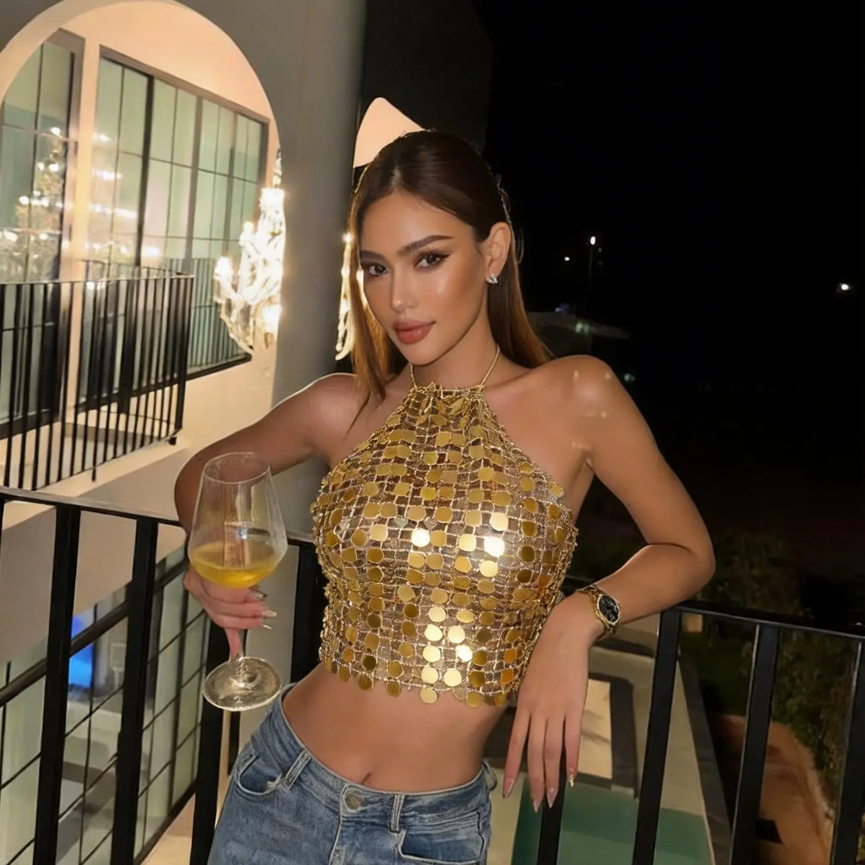 Glitter Acrylic Sequins Women Tank Top Sexy Backless Hollow Out See Through Halter Neck Crop Top Rave Festival Party Camisole