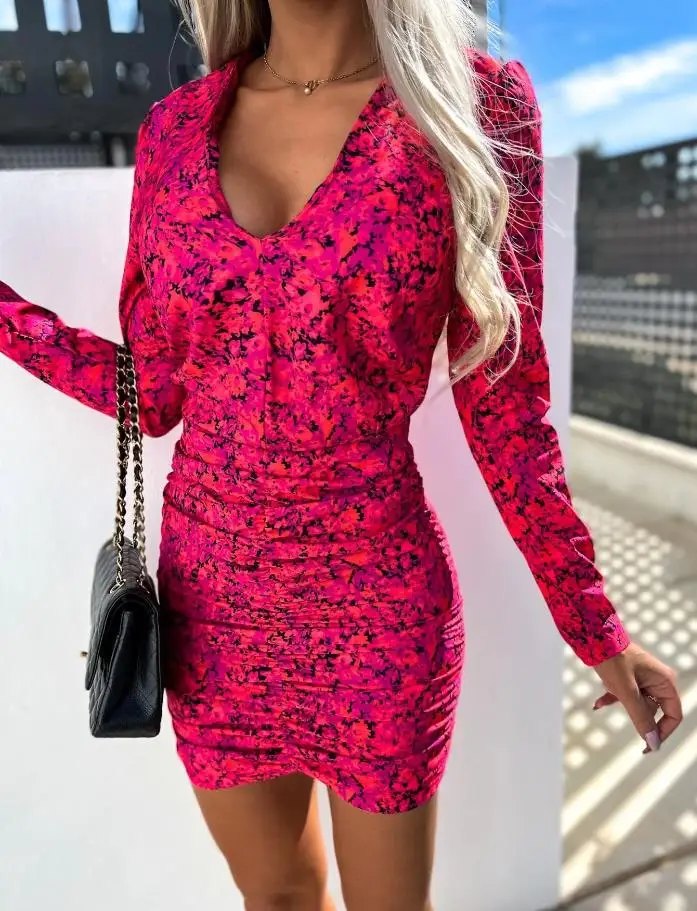 Mini Skirt New Fashion 2023 Hot Selling Women's Spring/summer Long Sleeve V-Neck Print Wrapped Hip Fold Tight Dress