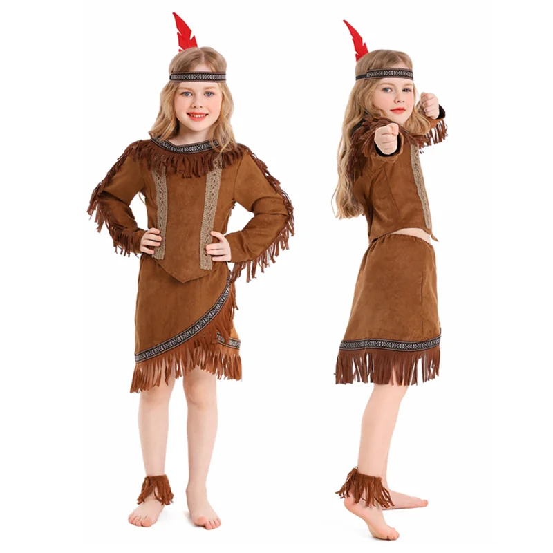 Costume d'Halloween de Princesse Indienne en Chef de Chasseresse pour Enfant, Ensembles de Cosplay de Barrage de Mardi Gras de Pourim pour Fille