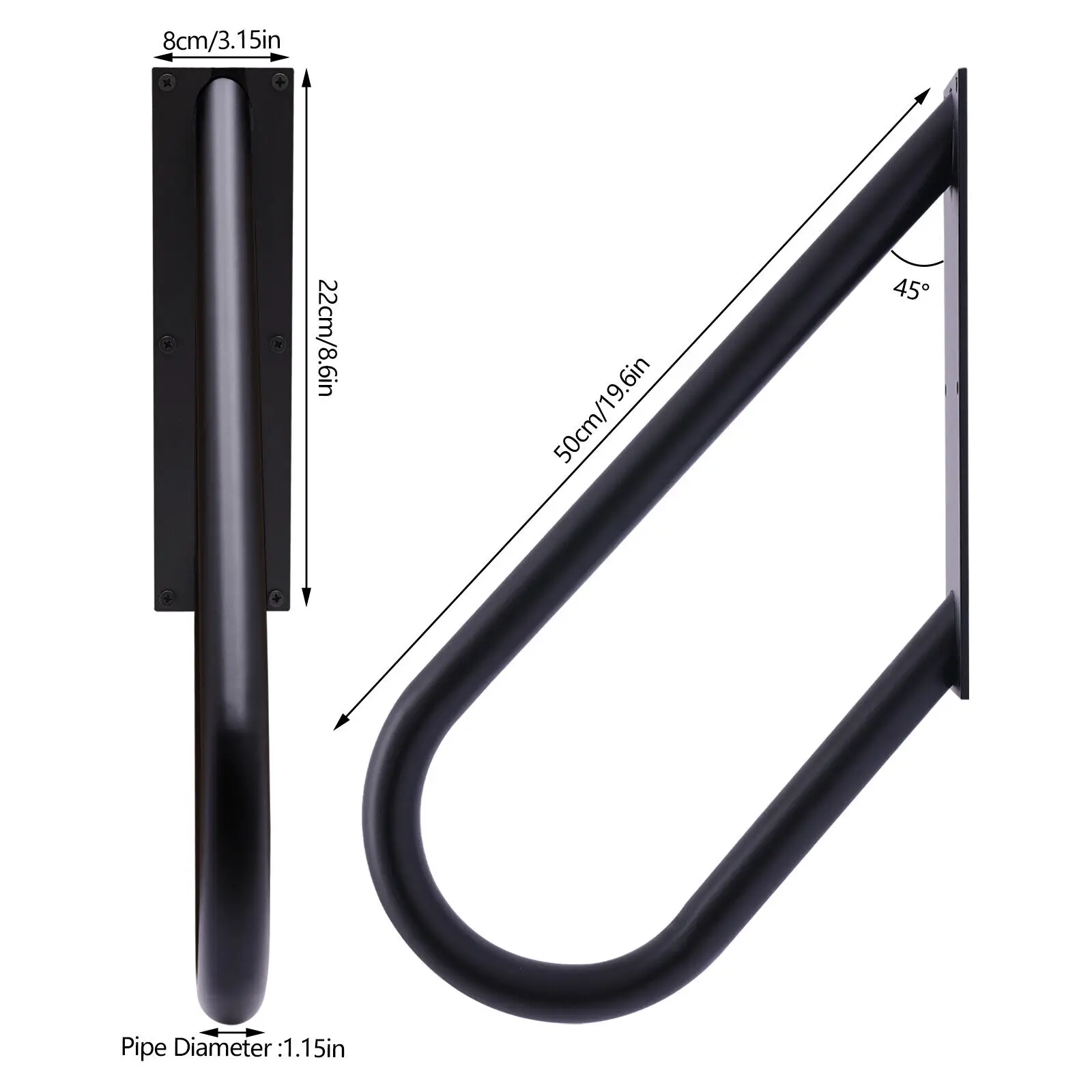 20" U-Shaped Handrail Railing for Wall Mount Step Hand Rail Grab Bar 1-2 Steps