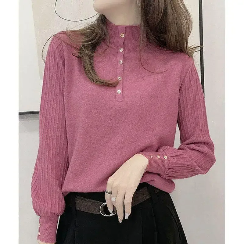 Warm Soft Waxy Loose Belly-covering Sweater Long Sleeve Undershirt for Women Knitted Sweater Button Pullovers Ladies Knit Top