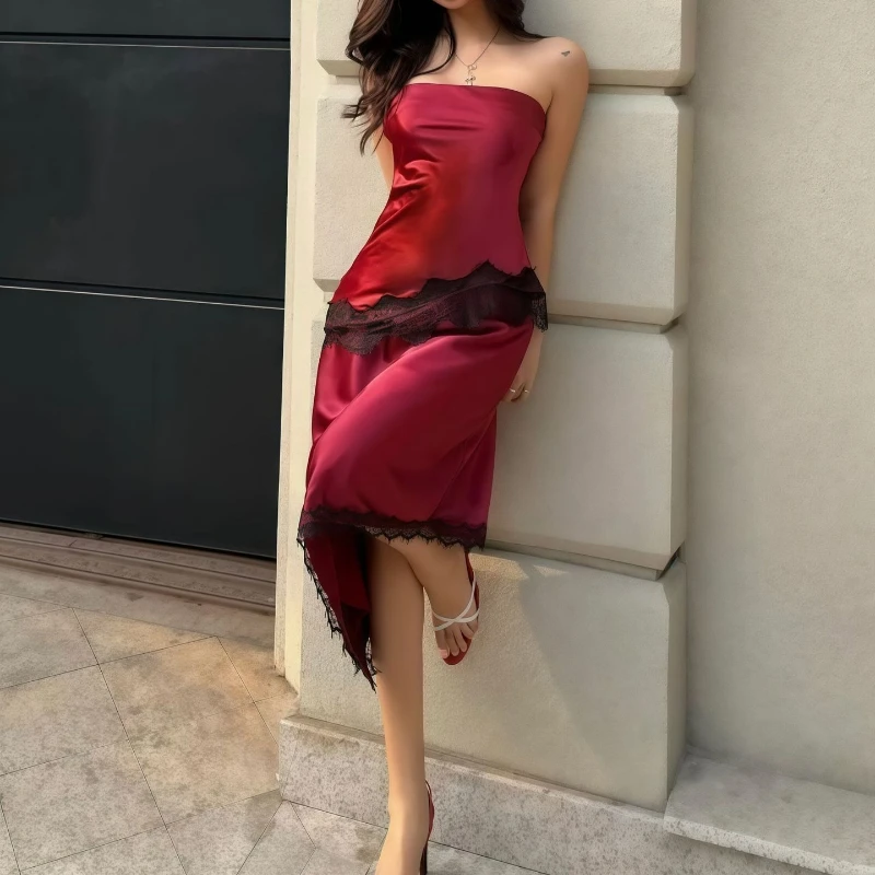 Tsiisd Women's Lace Strapless Satin Dress Backless Contrast Irregular Sexy Evening Party Date Night Dress New Female Dress 2026