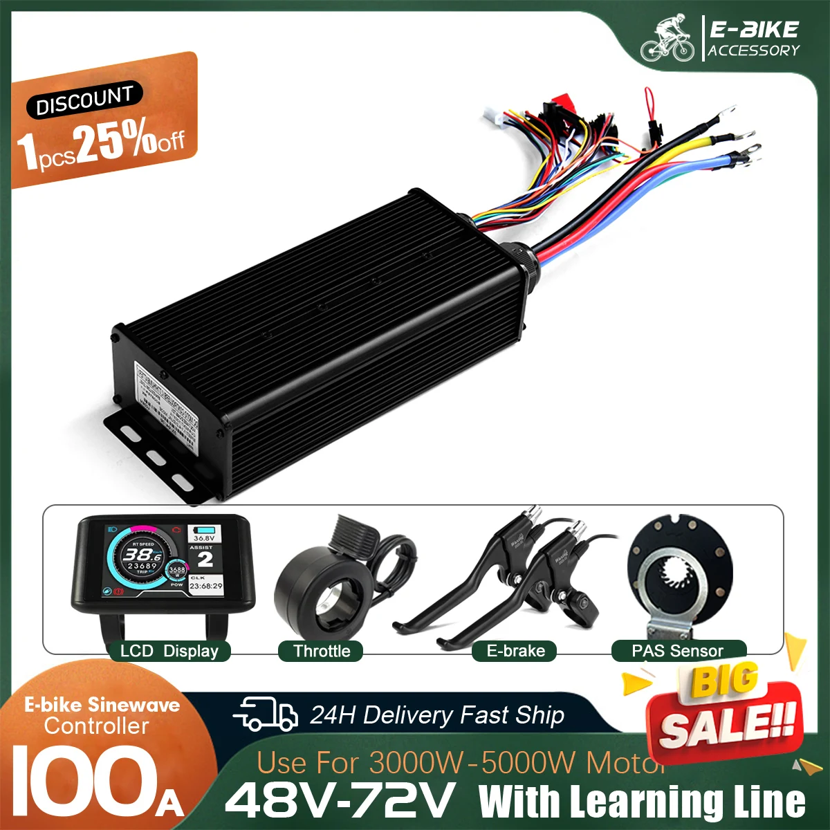 

Ebike 3 Mode SineWave Controller 48V 72V 100A Color LCD S966 UKC1 Display Compatible Hall and Hall free Hub Motor Controller