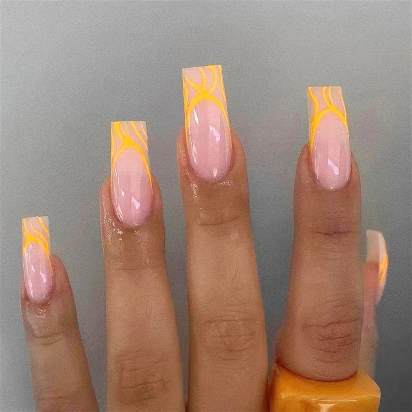 24Pcs/Set Medium Long Square French Press on Nail Tips Removable Acrylic Fake Nails Irregular Yellow Stripes Wearing False Nails