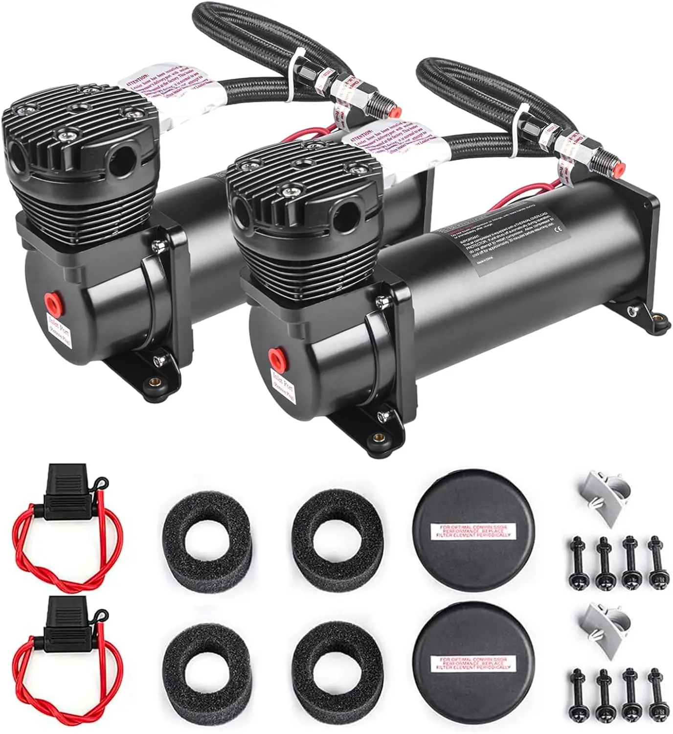 

Heavy Duty 200 PSI Air Compressor Dual Pack, 1/4 NPT for Train Horn/Air Ride, Fits 12V Truck/Car in Black
