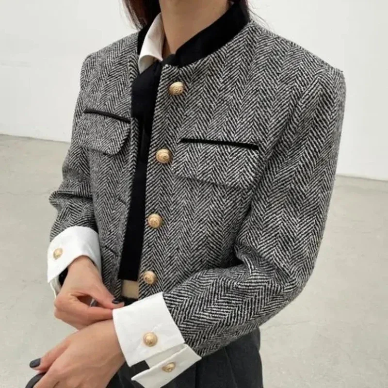 

Xpqbb New Fashion Korean Chic Jacket for Women Spring Contrast Color Cropped Coat Woman Vintage Metal Button Plaid Tweed Outwear