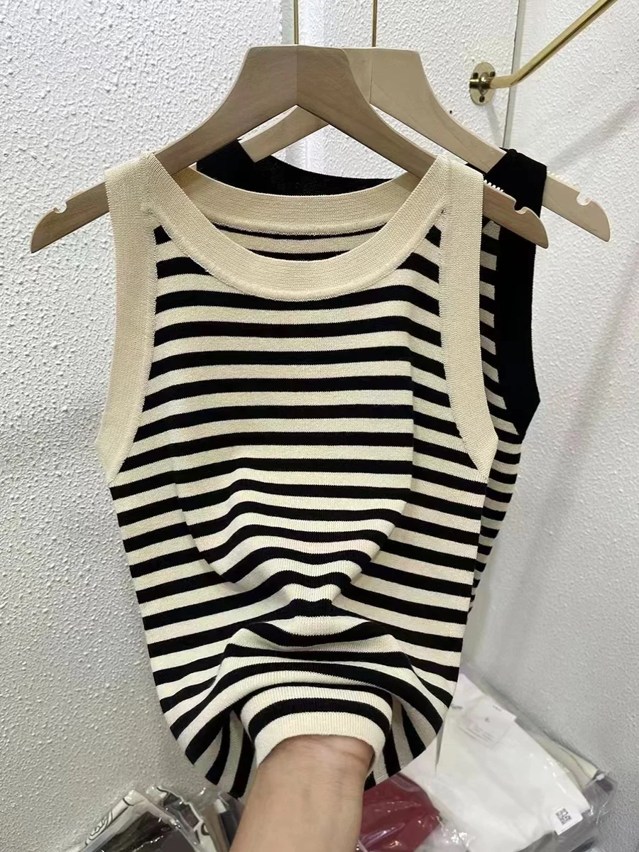 Damski dopasowany top na ramiączkach w paski, plus size, odzież wierzchnia, bazowy, casualowy, do pracy, mieszanka poliestru, kolekcja wiosna-lato 2025.