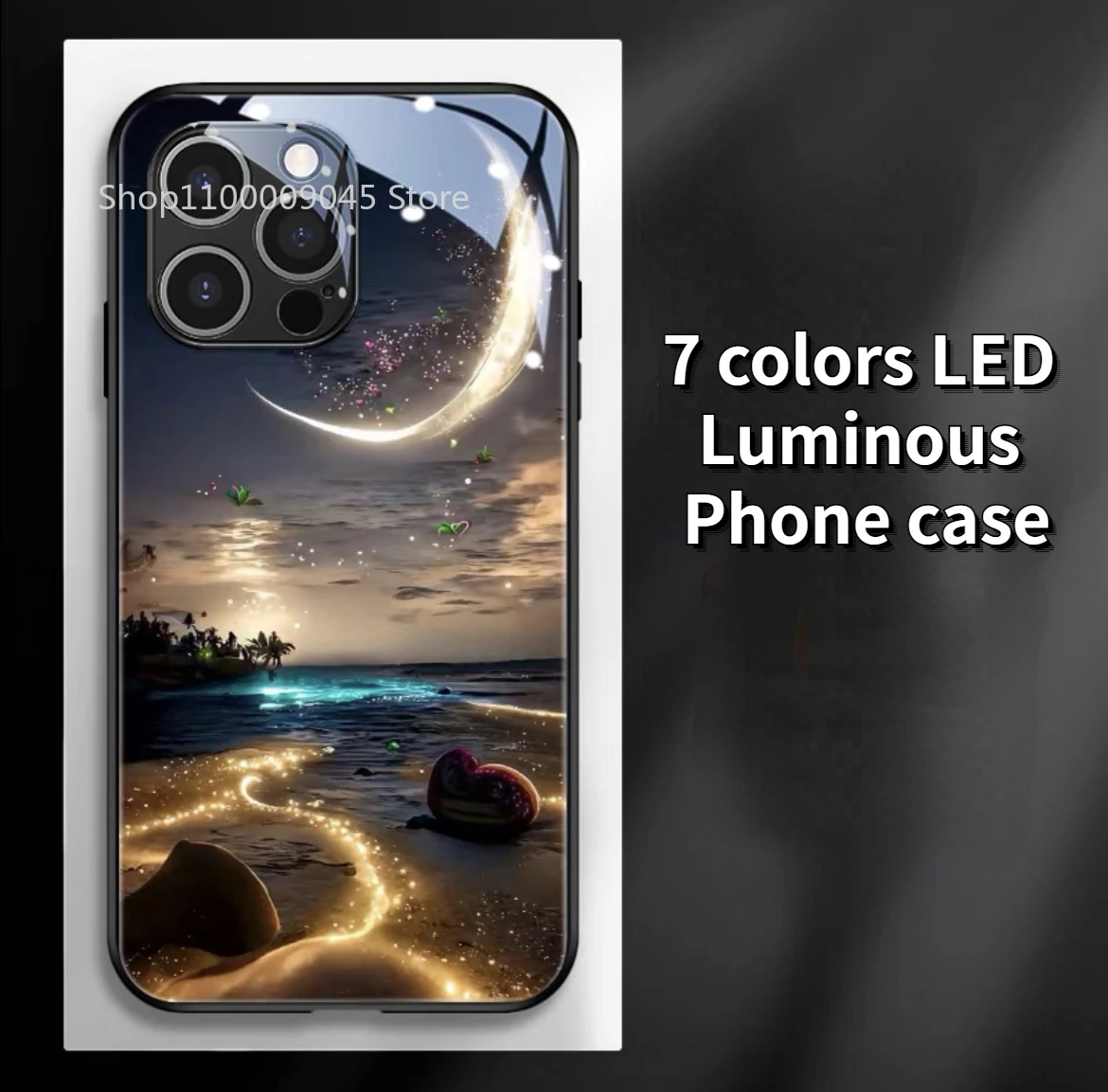 

Romantic Beach LED Glowing Tempered Glass Phone Case For iPhone 15 14 13 12 11 Pro Max X XR XS 7 8 plus Light Luminous Cover