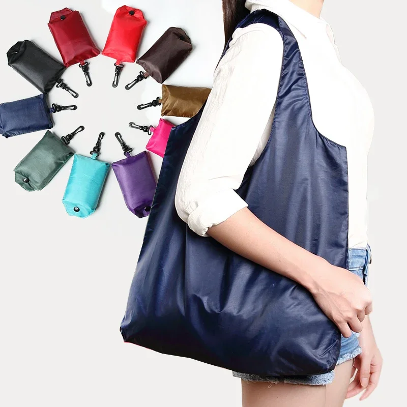 Portable Reusable Shopping Bag Oxford Washed Solid Color Grocery Purse Foldable Waterproof Ripstop Shoulder Handbag