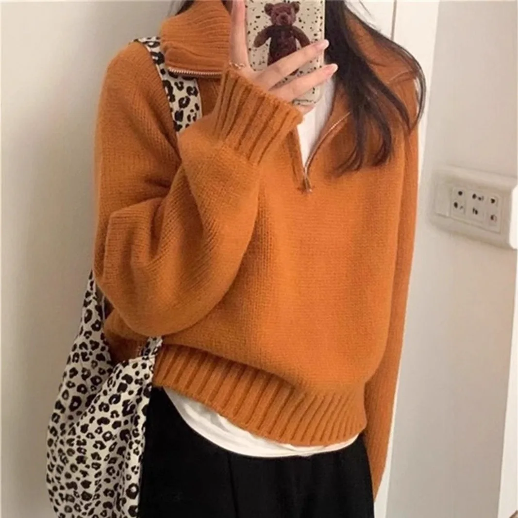 

Designed Half-Zip Turn-Down Pullover Women, Autumn And Winter New Korean Style Stand Collar Loose Elegant Knitted Sweater For