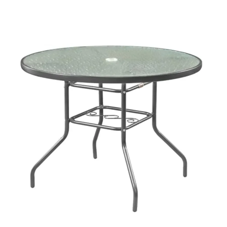 Outdoor patio furniture round dining table with steel base and rim, water-wave glass top in clear, durable and weather-resistan