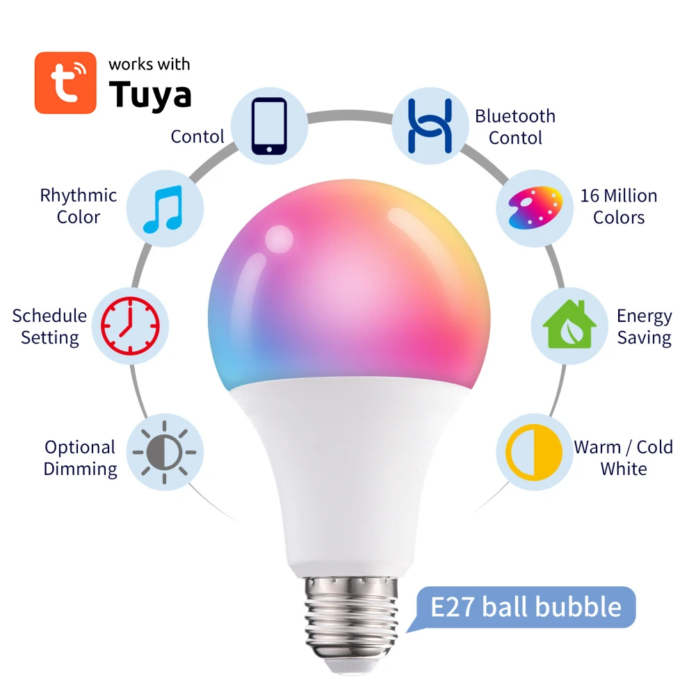 Tuya Smart Led Bulb Light 10W Bluetooth Smart Lamp E27 RGBW Timer Led Lamp Color Changing RGB+CCT Works With Bluetooth Gateway