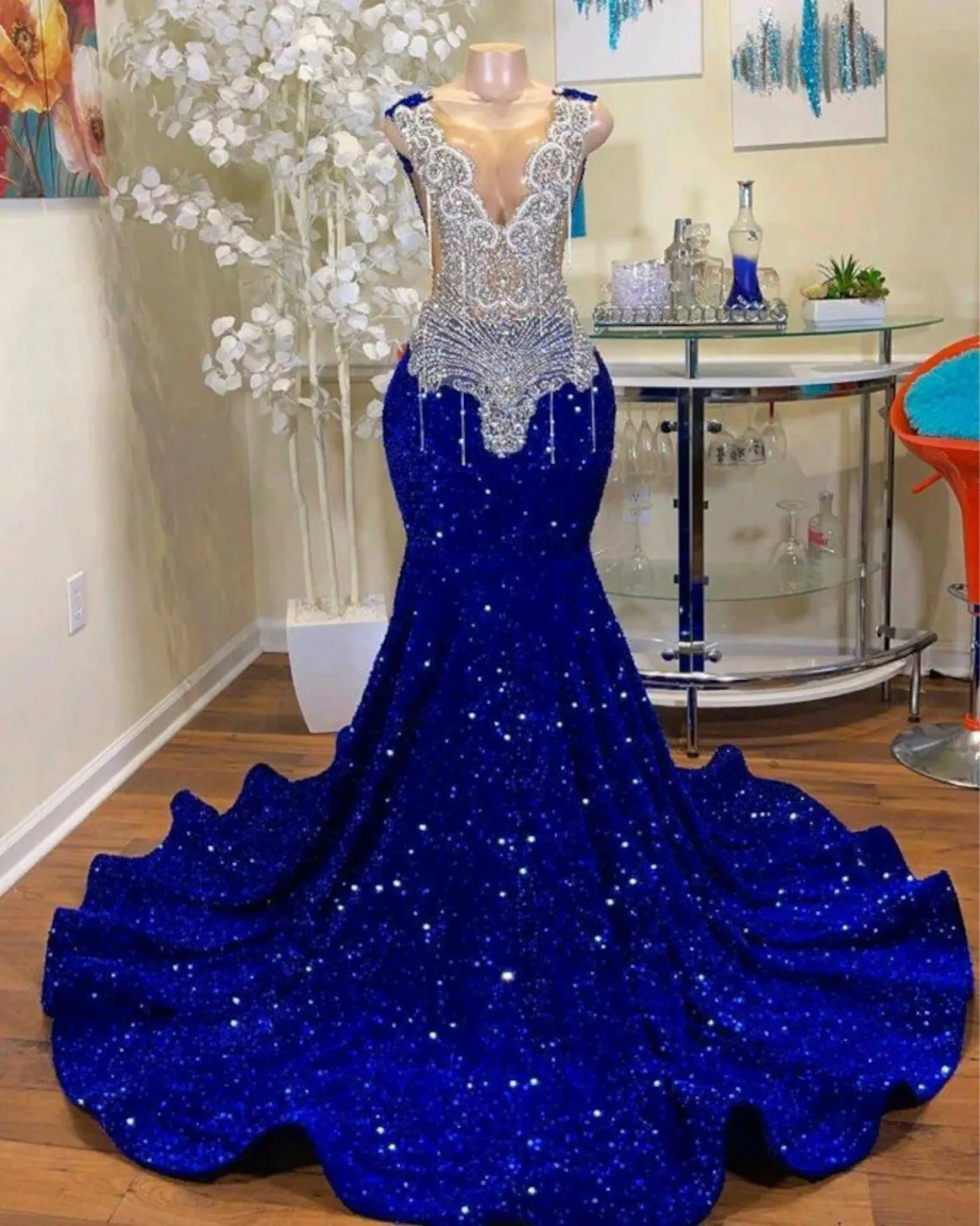 

Royal Blue Rhinestones Prom Dresses Black Girls 2024 Luxury Bead Tassel Sparkly Birthday Party African Evening Gala Gowns