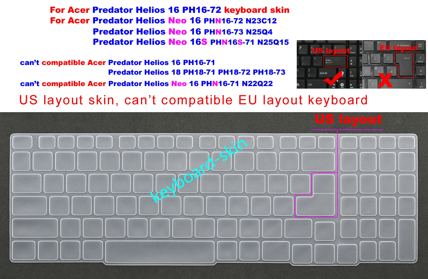 US Keyboard Skin Cover Film for Acer Predator Helios 16 PH16-72,Neo 16 PHN16-72 N23C12 PHN16-73 N25Q4,Neo 16S PHN16S-71 N25Q15