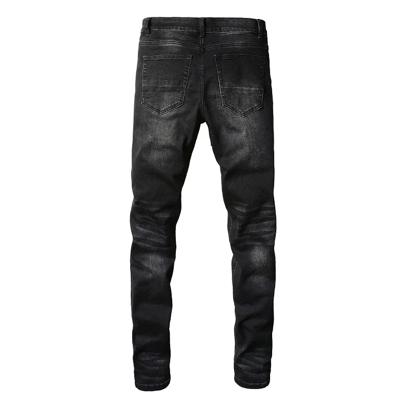 Herren Rote Rissige Plissierte Patchwork-Biker-Jeans Streetwear Stretch-Denim-Hose Skinny Tapered Schwarze Hose – Detail 15