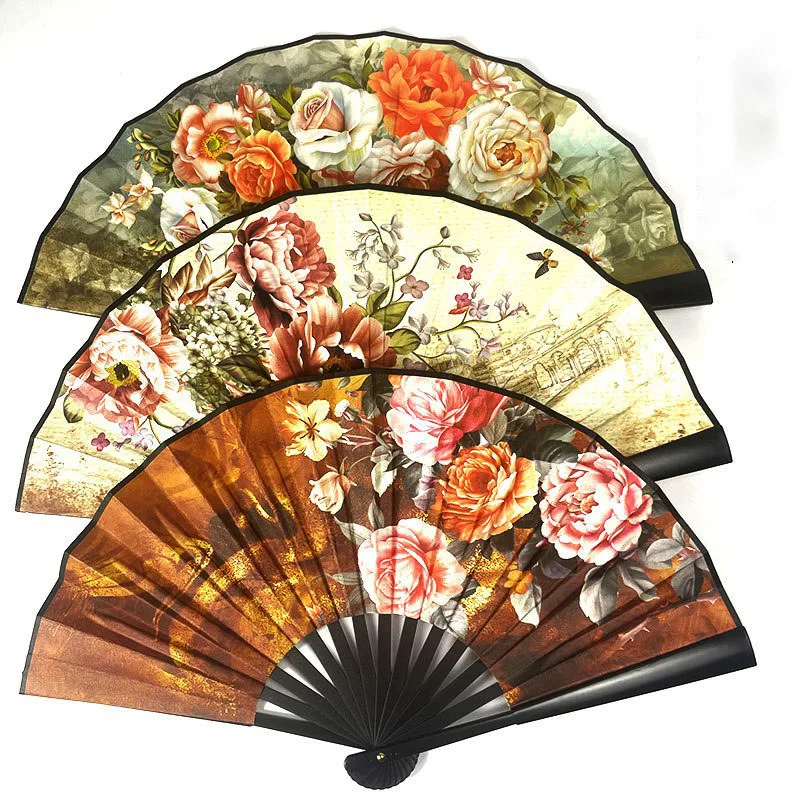 Oil Painting Double Sided Ancient Style  Folding Fan 8 Inch Silk Plastic Fan Chinese Style Dance Fan Hanfu Retro Fans Gift