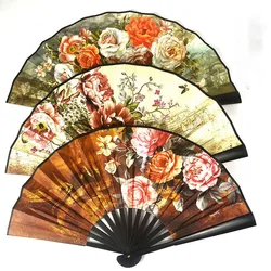 Vintage Silk Folding Fan Chinese Peony Flower Pattern Art Craft Gift Home Decoration Ornament Dance Hand Fan Clothes Accessory