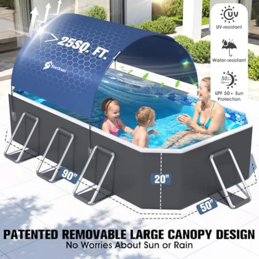 Foldable Pool with Canopy for Backyard Use Dark Blue Polyester Fabric UV-Resistant Shade Non-Inflatable Large Collapsible Desig