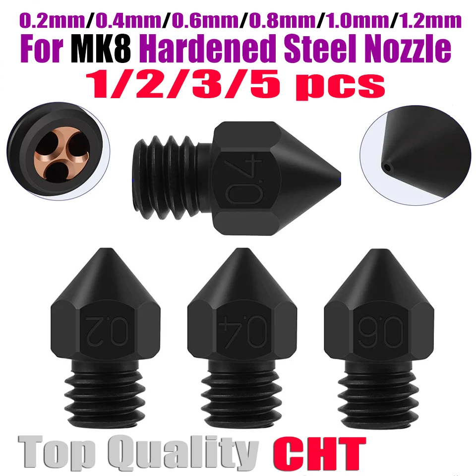 

CHT MK8 Nozzle High Flow Clone cht Nozzle mk8 New Hardened Steel 0.2 0.4 0.6 0.8 1.0 1.2mm Nozzles 3D Printer 1.75mm Filament